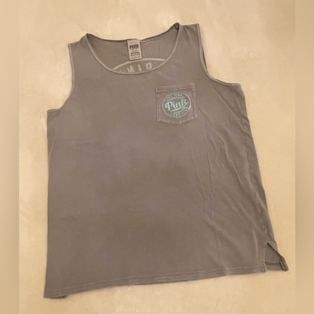 PINK CREWNECK TANK GRAY W/ AQUA FRONT POCKET SLIT SIDES SZ SMALL